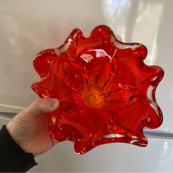 Vintage Art glass ruffle edge candy dish red orange chalet style glass MCM - Picture 8 of 9